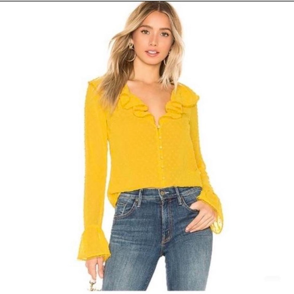 Majorelle x Revolve Yellow Ruffle Sleeve Blouse, Size Small, New With Tags